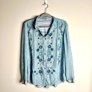 John Mark Embroidered Chambray Boho Button-Up Mixed Print Floral Cottagecore L